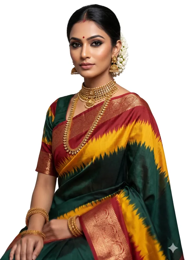 Ragreeti_Lifestyle_Pine_Green_and_Yellow_Silk_Saree_|_Traditional_Temple_Design_with_Contrast_Woven_Zari_Border_&_Rich_Red_Pallu_(Green,_Yellow_&_Red)