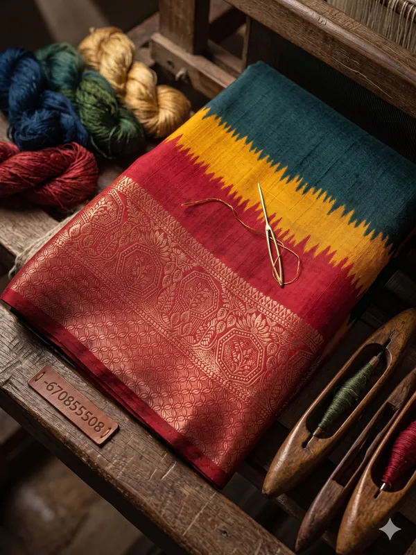 Ragreeti_Lifestyle_Pine_Green_and_Yellow_Silk_Saree_|_Traditional_Temple_Design_with_Contrast_Woven_Zari_Border_&_Rich_Red_Pallu_(Green,_Yellow_&_Red)