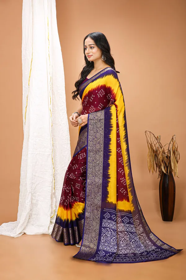 Ragreeti_Lifestyle_Maroon_and_Yellow_Bandhani_Silk_Saree_|_Traditional_Bandhej_Tie-Dye_Print_with_Contrast_Woven_Zari_Border_&_Floral_Pallu_(Maroon,_Yellow_&_Navy_Blue)