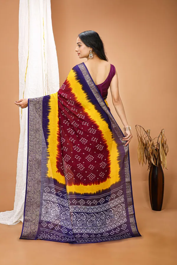 Ragreeti_Lifestyle_Maroon_and_Yellow_Bandhani_Silk_Saree_|_Traditional_Bandhej_Tie-Dye_Print_with_Contrast_Woven_Zari_Border_&_Floral_Pallu_(Maroon,_Yellow_&_Navy_Blue)