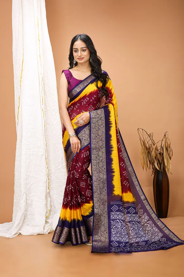 Ragreeti_Lifestyle_Maroon_and_Yellow_Bandhani_Silk_Saree_|_Traditional_Bandhej_Tie-Dye_Print_with_Contrast_Woven_Zari_Border_&_Floral_Pallu_(Maroon,_Yellow_&_Navy_Blue)