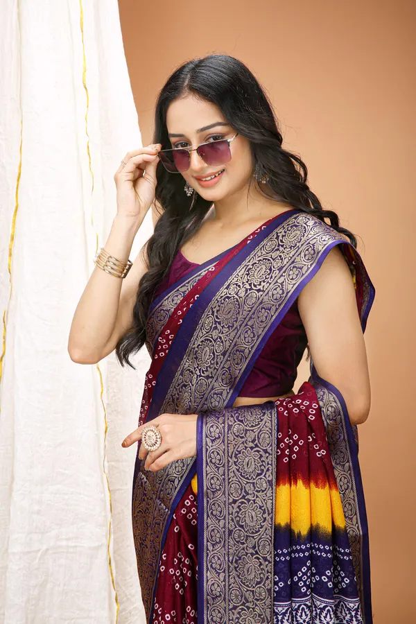 Ragreeti_Lifestyle_Maroon_and_Yellow_Bandhani_Silk_Saree_|_Traditional_Bandhej_Tie-Dye_Print_with_Contrast_Woven_Zari_Border_&_Floral_Pallu_(Maroon,_Yellow_&_Navy_Blue)