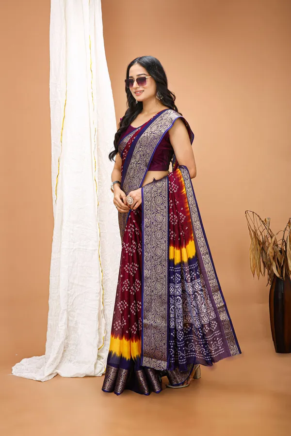 Ragreeti_Lifestyle_Maroon_and_Yellow_Bandhani_Silk_Saree_|_Traditional_Bandhej_Tie-Dye_Print_with_Contrast_Woven_Zari_Border_&_Floral_Pallu_(Maroon,_Yellow_&_Navy_Blue)