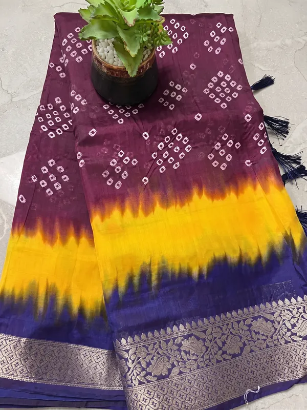 Ragreeti_Lifestyle_Maroon_and_Yellow_Bandhani_Silk_Saree_|_Traditional_Bandhej_Tie-Dye_Print_with_Contrast_Woven_Zari_Border_&_Floral_Pallu_(Maroon,_Yellow_&_Navy_Blue)