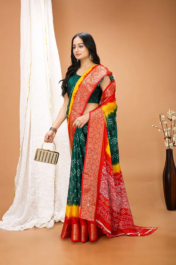 Ragreeti_Lifestyle_Green_and_Yellow_Bandhani_Silk_Saree_|_Traditional_Bandhej_Tie-Dye_Print_with_Contrast_Woven_Zari_Border_&_Floral_Pallu_(Green,_Yellow_&_Red)