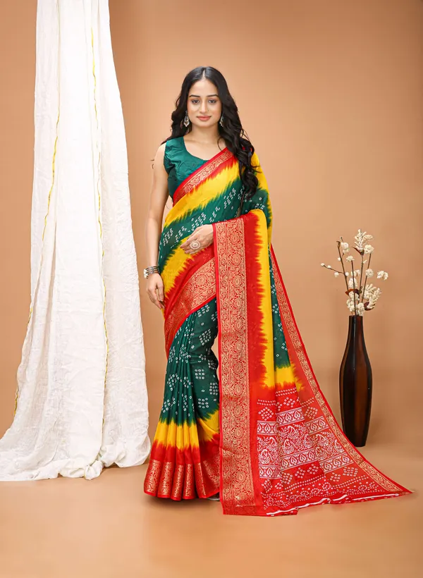Ragreeti_Lifestyle_Green_and_Yellow_Bandhani_Silk_Saree_|_Traditional_Bandhej_Tie-Dye_Print_with_Contrast_Woven_Zari_Border_&_Floral_Pallu_(Green,_Yellow_&_Red)