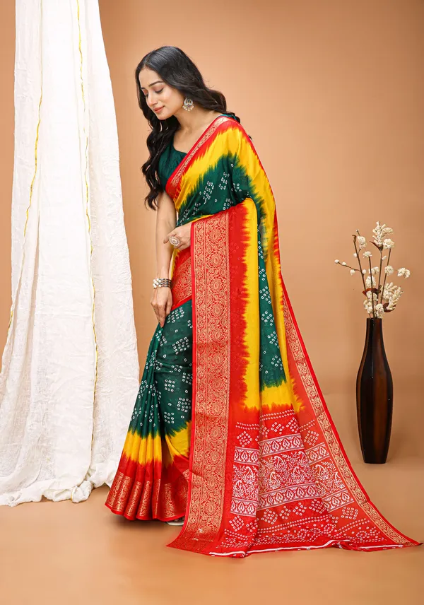 Ragreeti_Lifestyle_Green_and_Yellow_Bandhani_Silk_Saree_|_Traditional_Bandhej_Tie-Dye_Print_with_Contrast_Woven_Zari_Border_&_Floral_Pallu_(Green,_Yellow_&_Red)