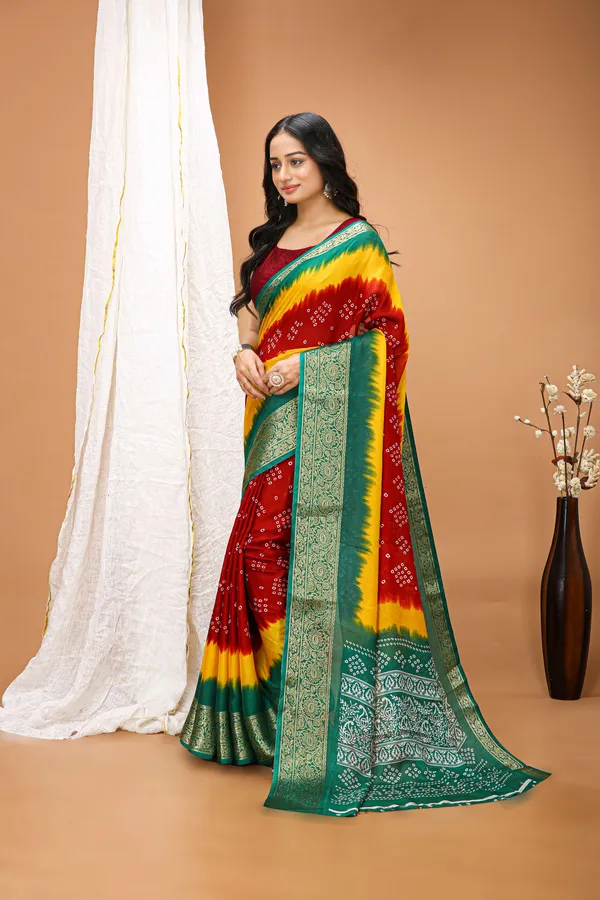 Ragreeti_Lifestyle_Red_and_Yellow_Bandhani_Silk_Saree_|_Traditional_Bandhej_Tie-Dye_Print_with_Contrast_Woven_Zari_Border_&_Floral_Pallu_(Red,_Yellow_&_Green)