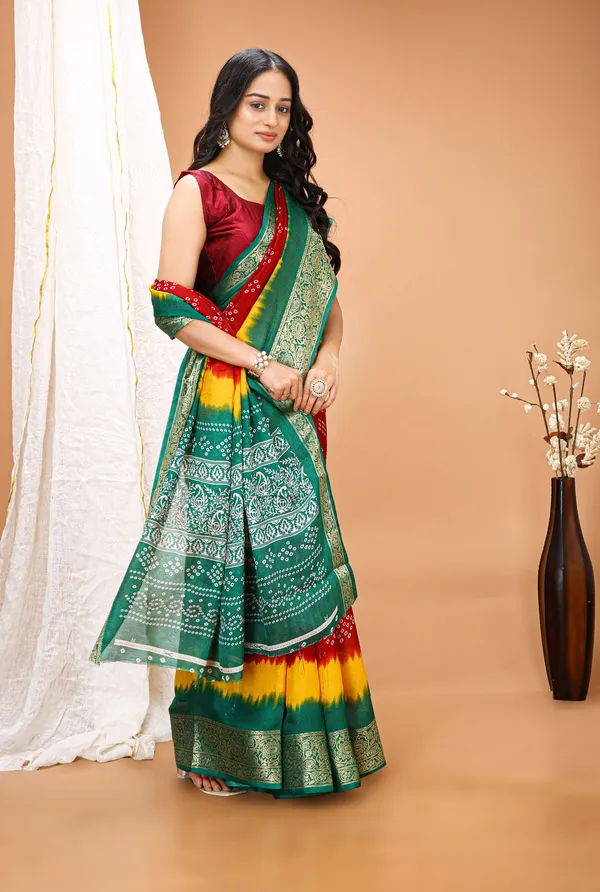 Ragreeti_Lifestyle_Red_and_Yellow_Bandhani_Silk_Saree_|_Traditional_Bandhej_Tie-Dye_Print_with_Contrast_Woven_Zari_Border_&_Floral_Pallu_(Red,_Yellow_&_Green)