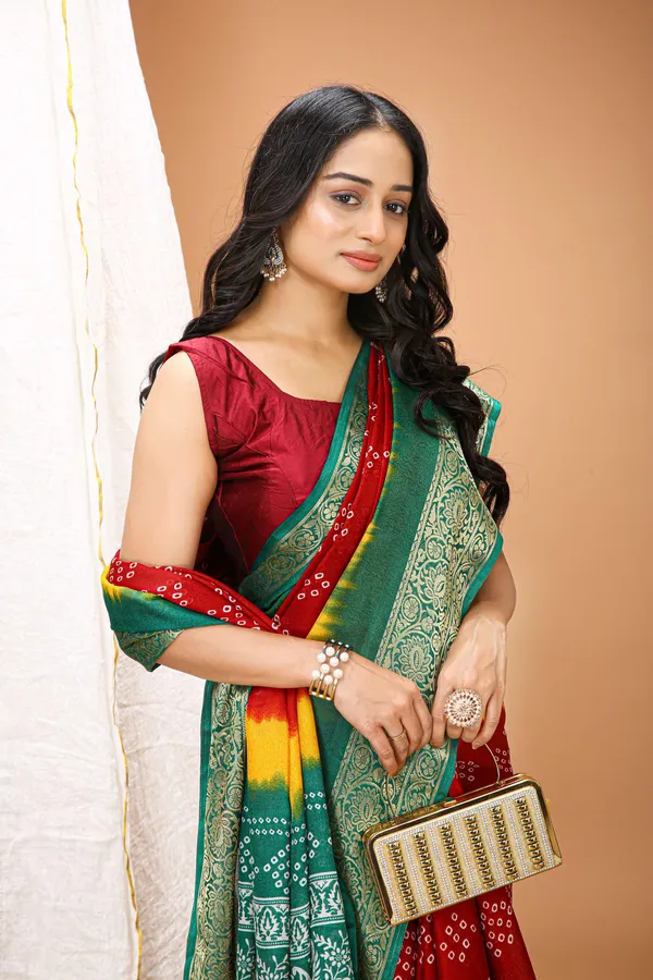 Ragreeti_Lifestyle_Red_and_Yellow_Bandhani_Silk_Saree_|_Traditional_Bandhej_Tie-Dye_Print_with_Contrast_Woven_Zari_Border_&_Floral_Pallu_(Red,_Yellow_&_Green)