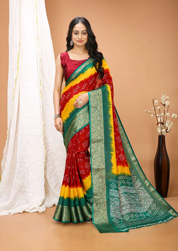 Ragreeti_Lifestyle_Red_and_Yellow_Bandhani_Silk_Saree_|_Traditional_Bandhej_Tie-Dye_Print_with_Contrast_Woven_Zari_Border_&_Floral_Pallu_(Red,_Yellow_&_Green)