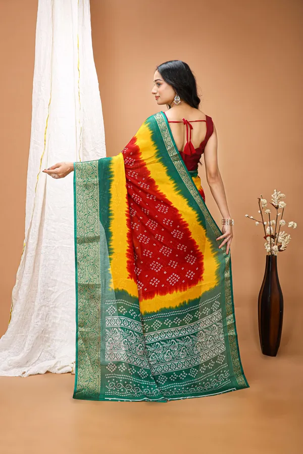 Ragreeti_Lifestyle_Red_and_Yellow_Bandhani_Silk_Saree_|_Traditional_Bandhej_Tie-Dye_Print_with_Contrast_Woven_Zari_Border_&_Floral_Pallu_(Red,_Yellow_&_Green)