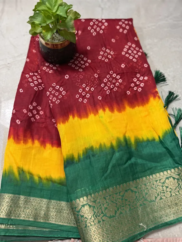 Ragreeti_Lifestyle_Red_and_Yellow_Bandhani_Silk_Saree_|_Traditional_Bandhej_Tie-Dye_Print_with_Contrast_Woven_Zari_Border_&_Floral_Pallu_(Red,_Yellow_&_Green)