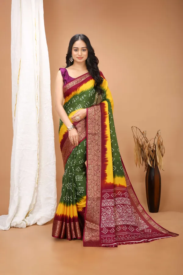Ragreeti_Lifestyle_Green_and_Yellow_Bandhani_Silk_Saree_|_Traditional_Bandhej_Tie-Dye_Print_with_Contrast_Woven_Zari_Border_&_Floral_Pallu_(Green,_Yellow_&_Wine)