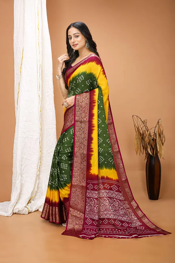 Ragreeti_Lifestyle_Green_and_Yellow_Bandhani_Silk_Saree_|_Traditional_Bandhej_Tie-Dye_Print_with_Contrast_Woven_Zari_Border_&_Floral_Pallu_(Green,_Yellow_&_Wine)
