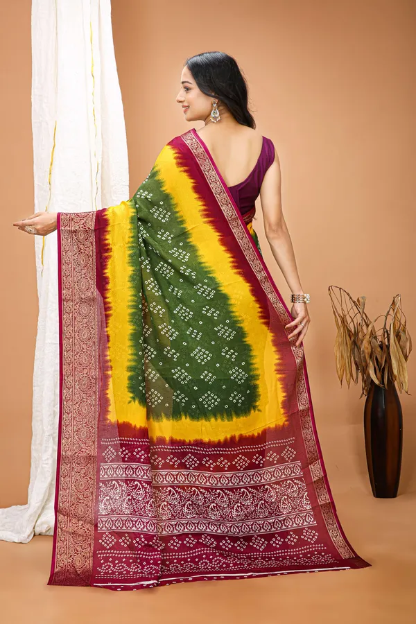 Ragreeti_Lifestyle_Green_and_Yellow_Bandhani_Silk_Saree_|_Traditional_Bandhej_Tie-Dye_Print_with_Contrast_Woven_Zari_Border_&_Floral_Pallu_(Green,_Yellow_&_Wine)