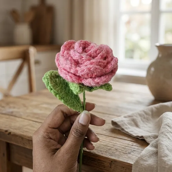 Pink_And_White_Handmade_Crochet_Flower_With_Green_Leaf_Single_Stem_Gift_Wrap