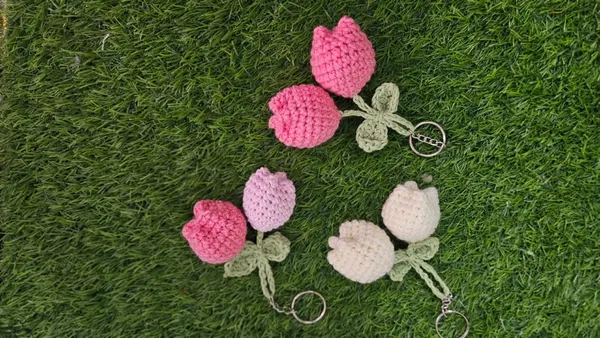 Pink_And_White_Handmade_Crochet_Cherry_Keychain_Set_Of_3