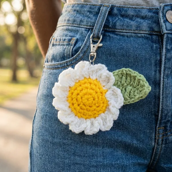 White_Handmade_Crochet_Daisy_Flower_Keychain