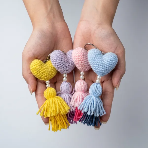 Multicolor_Handmade_Crochet_Heart_Keychain_With_Tassel_Set_Of_4
