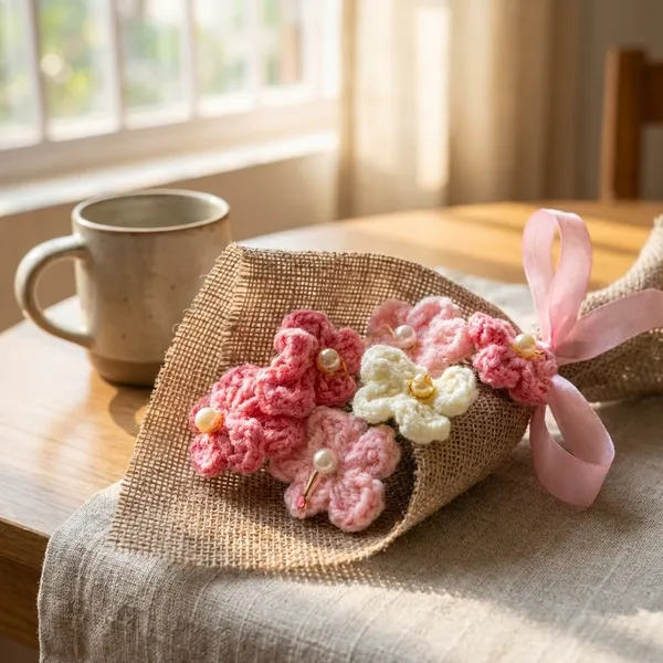 Pink_Handmade_Mini_Flower_Bouquet_With_Burlap_Wrap