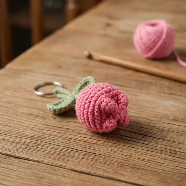 Pink_And_White_Handmade_Crochet_Cherry_Keychain_Set_Of_3