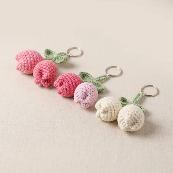Pink_And_White_Handmade_Crochet_Cherry_Keychain_Set_Of_3