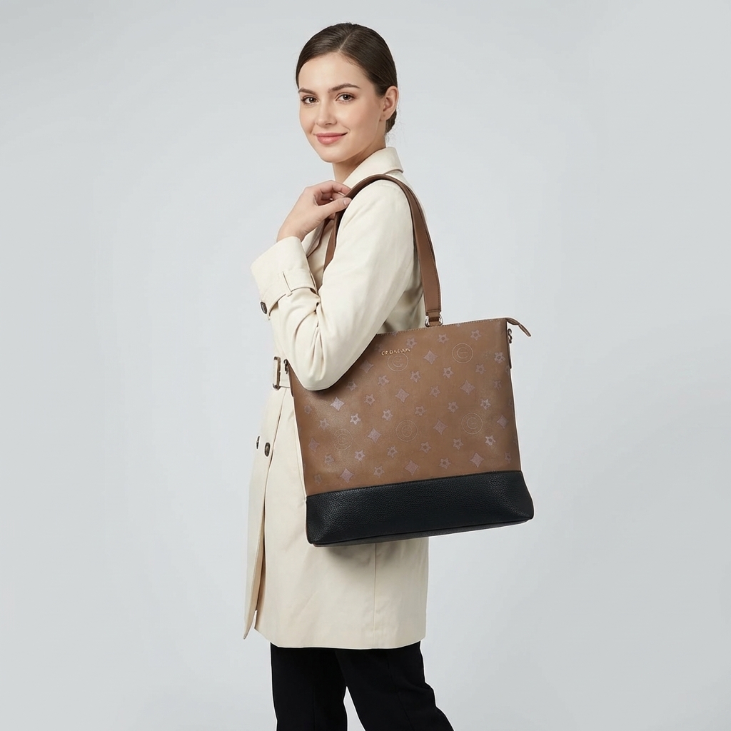 Brown_And_Black_Pu_Tote_Handbag_For_Women