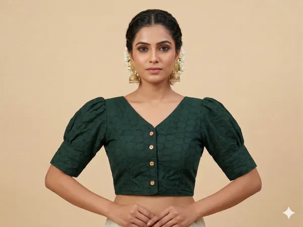 Green_Pure_Cotton_Puff_Sleeve_Hakoba_Boutique_Style_Blouse