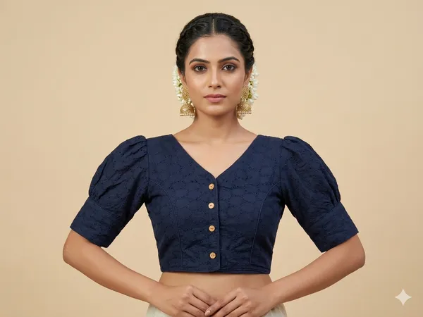 Navyblue_Pure_Cotton_Puff_Sleeve_Hakoba_Boutique_Style_Blouse