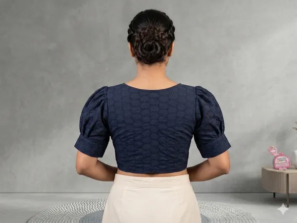 Navyblue_Pure_Cotton_Puff_Sleeve_Hakoba_Boutique_Style_Blouse