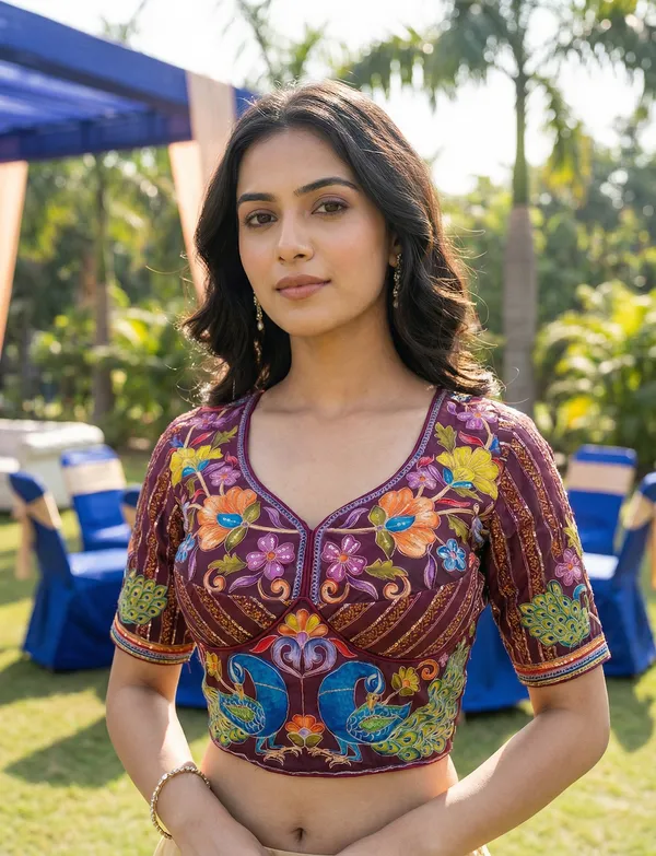 Shimmer_Net_Saree_With_Kalamkari_Printed_Readymade_Silk_Blouse