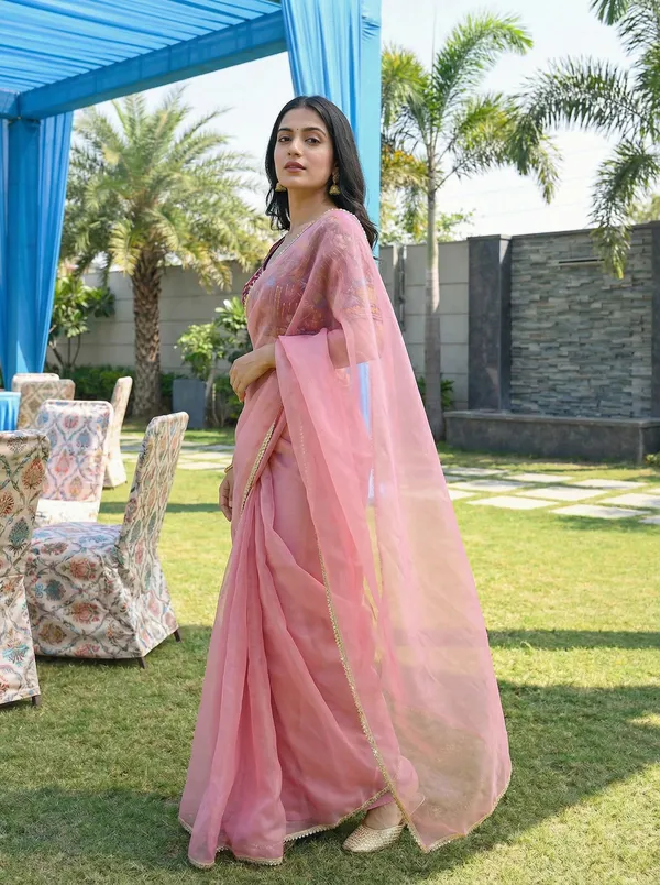 Shimmer_Net_Saree_With_Kalamkari_Printed_Readymade_Silk_Blouse