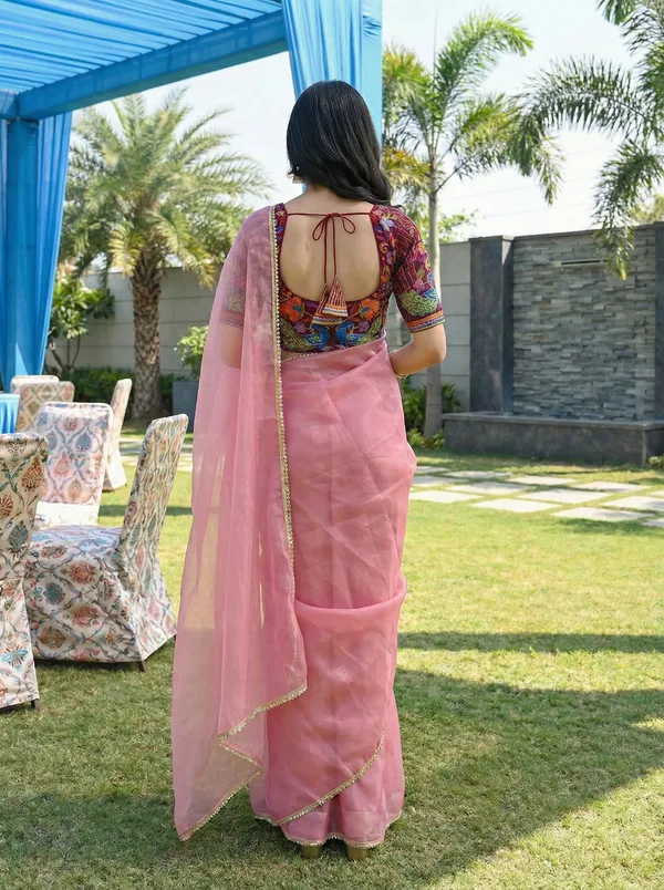 Shimmer_Net_Saree_With_Kalamkari_Printed_Readymade_Silk_Blouse