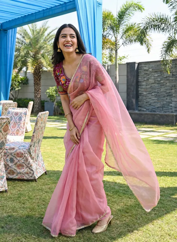 Shimmer_Net_Saree_With_Kalamkari_Printed_Readymade_Silk_Blouse