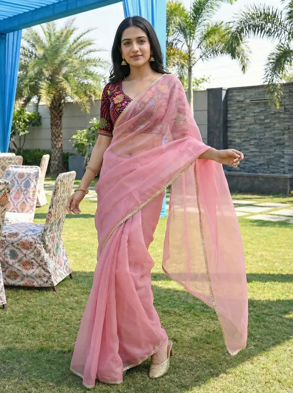 Shimmer_Net_Saree_With_Kalamkari_Printed_Readymade_Silk_Blouse
