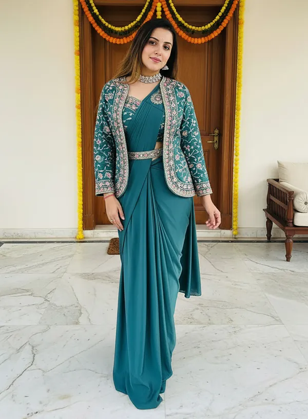 Pure_Silk_Embroidered_Ready_To_Wear_Saree_With_Crop_Top_Blouse_&_Jacket