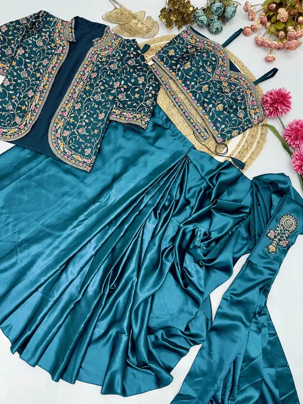 Pure_Silk_Embroidered_Ready_To_Wear_Saree_With_Crop_Top_Blouse_&_Jacket