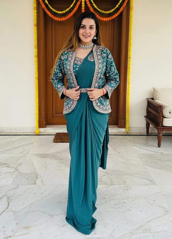 Pure_Silk_Embroidered_Ready_To_Wear_Saree_With_Crop_Top_Blouse_&_Jacket