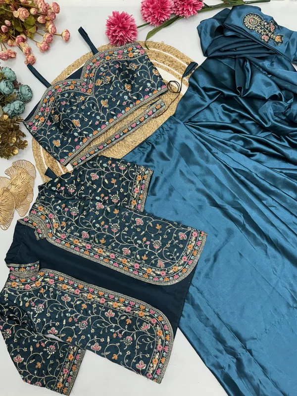 Pure_Silk_Embroidered_Ready_To_Wear_Saree_With_Crop_Top_Blouse_&_Jacket