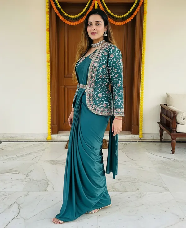 Pure_Silk_Embroidered_Ready_To_Wear_Saree_With_Crop_Top_Blouse_&_Jacket