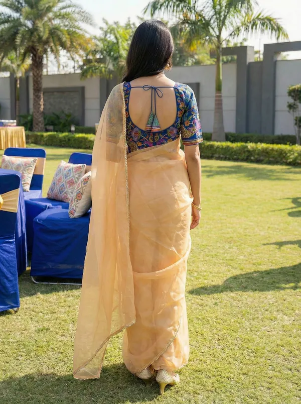 Shimmer_Net_Saree_With_Kalamkari_Printed_Readymade_Silk_Blouse