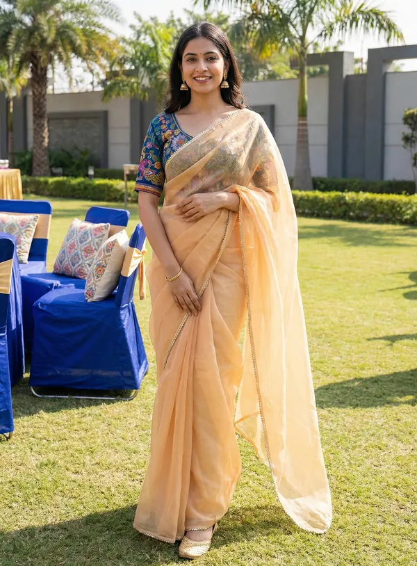 Shimmer_Net_Saree_With_Kalamkari_Printed_Readymade_Silk_Blouse