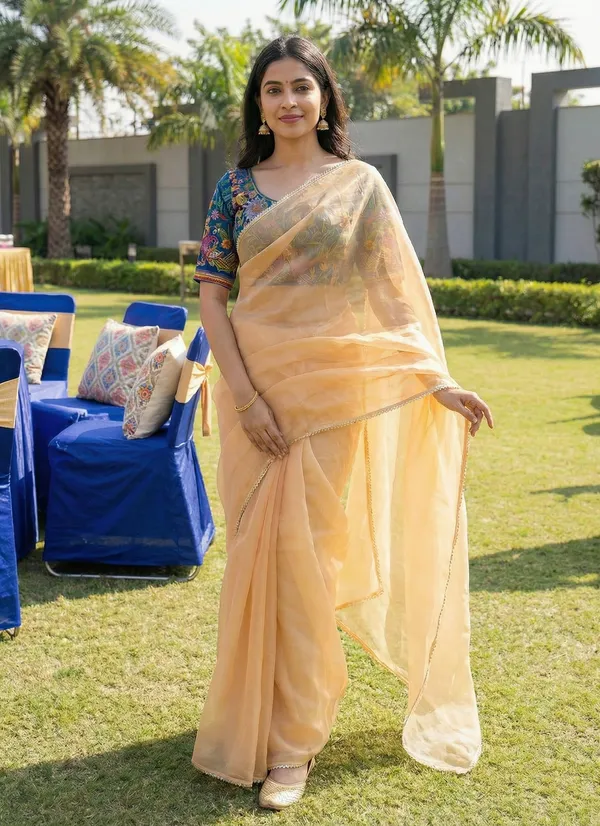 Shimmer_Net_Saree_With_Kalamkari_Printed_Readymade_Silk_Blouse