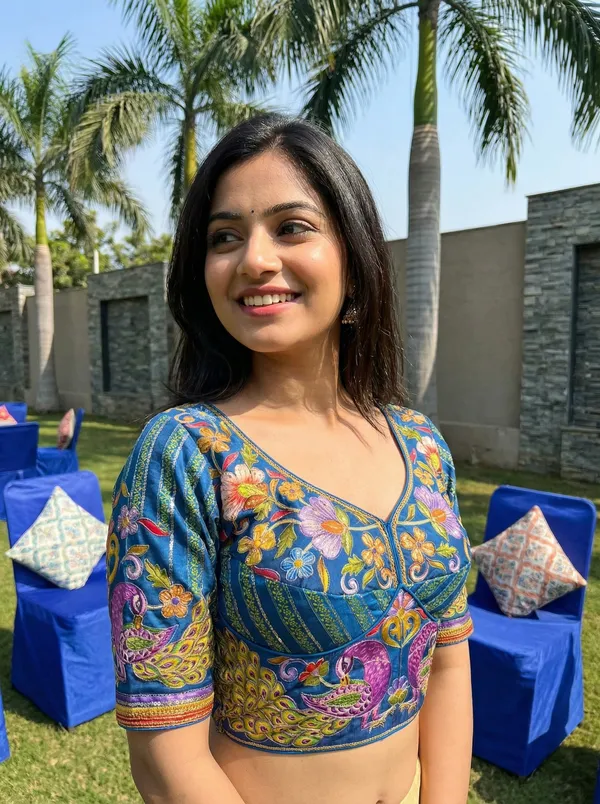 Shimmer_Net_Saree_With_Kalamkari_Printed_Readymade_Silk_Blouse