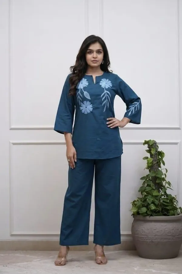 Blue_cotton_embroidered_women_and_girls_co-ord_set