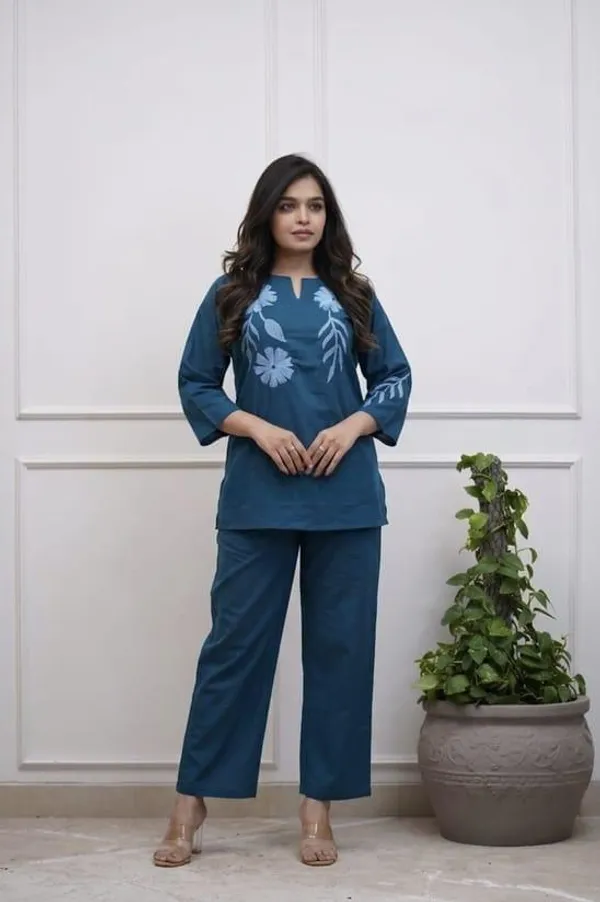 Blue_cotton_embroidered_women_and_girls_co-ord_set