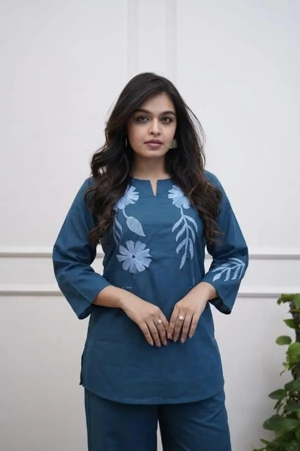 Blue_cotton_embroidered_women_and_girls_co-ord_set