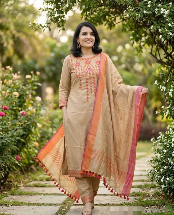 Chiku_Embroidered_Handloom_Cotton_Kurta_pant_and_dupatta_set