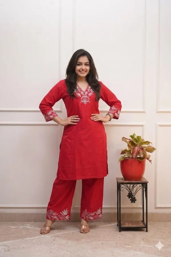 Red_Cotton_Premium_And_Fancy_Design_Co-Ord_Set_For_Women